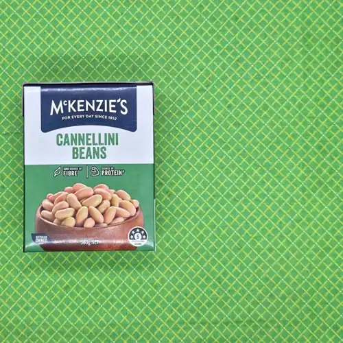  McKenzie's Cannellini Beans. 5 Health star rating. Good source of fibre. Good source of protein. Australian owned. Carton for a more sustainable choice. Made in Italy. Available from Coles and Woolworths. 60% cannellini beans. Protein 5.6g per 100g. Sodium 80mg per 100g. 
